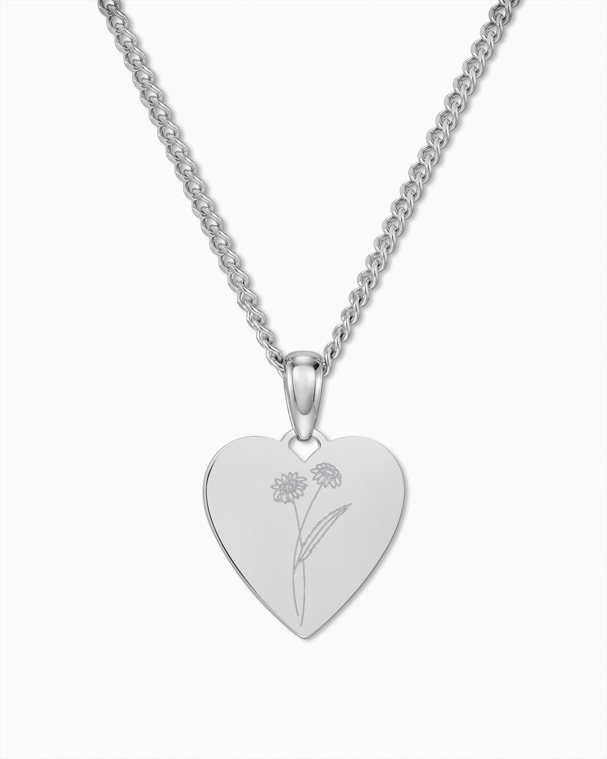 Birth Flower Heart Necklace Engraved Plate Pendant, 15 mm