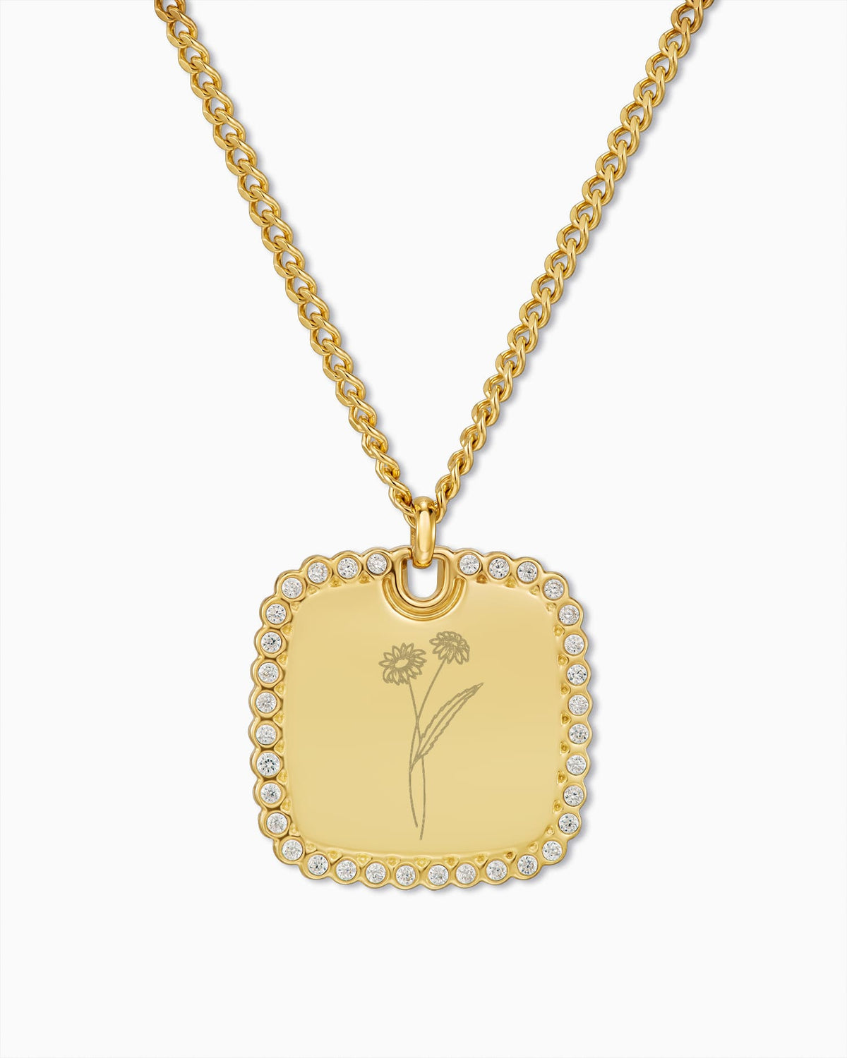 Birth Flower Engraved Pendant Necklace, Rectangular, Zirconia