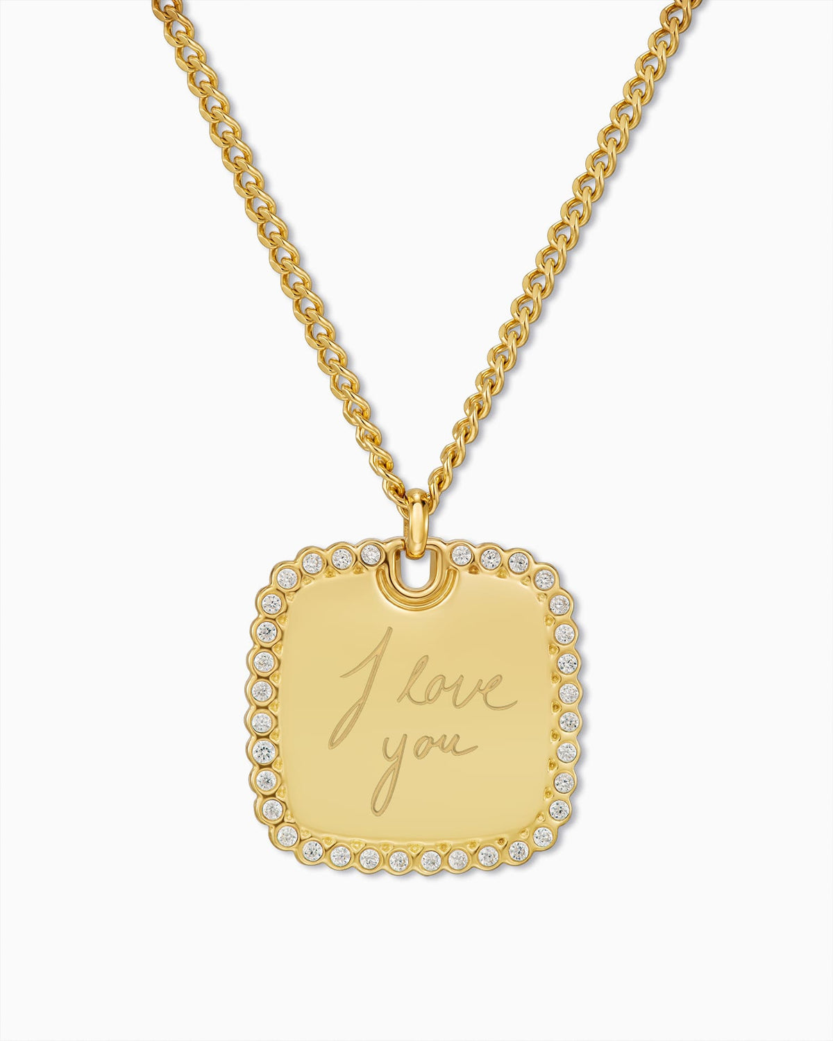 Handwritten Upload Engraved Plate Necklace, Rectangular, Zirconia