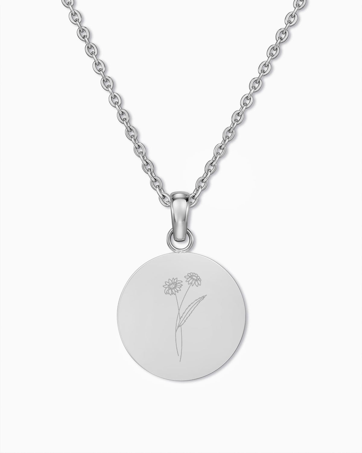 Birth Flower Engraved Plate Necklace, Round, 16 mm