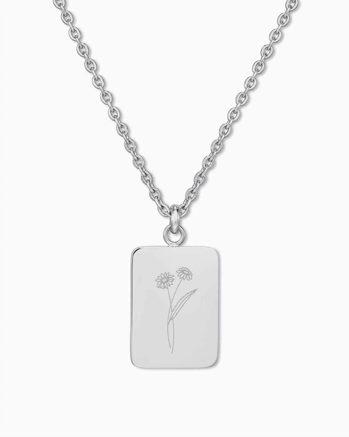 Birth Flower Engraved Plate Necklace Pendant, Rectangular
