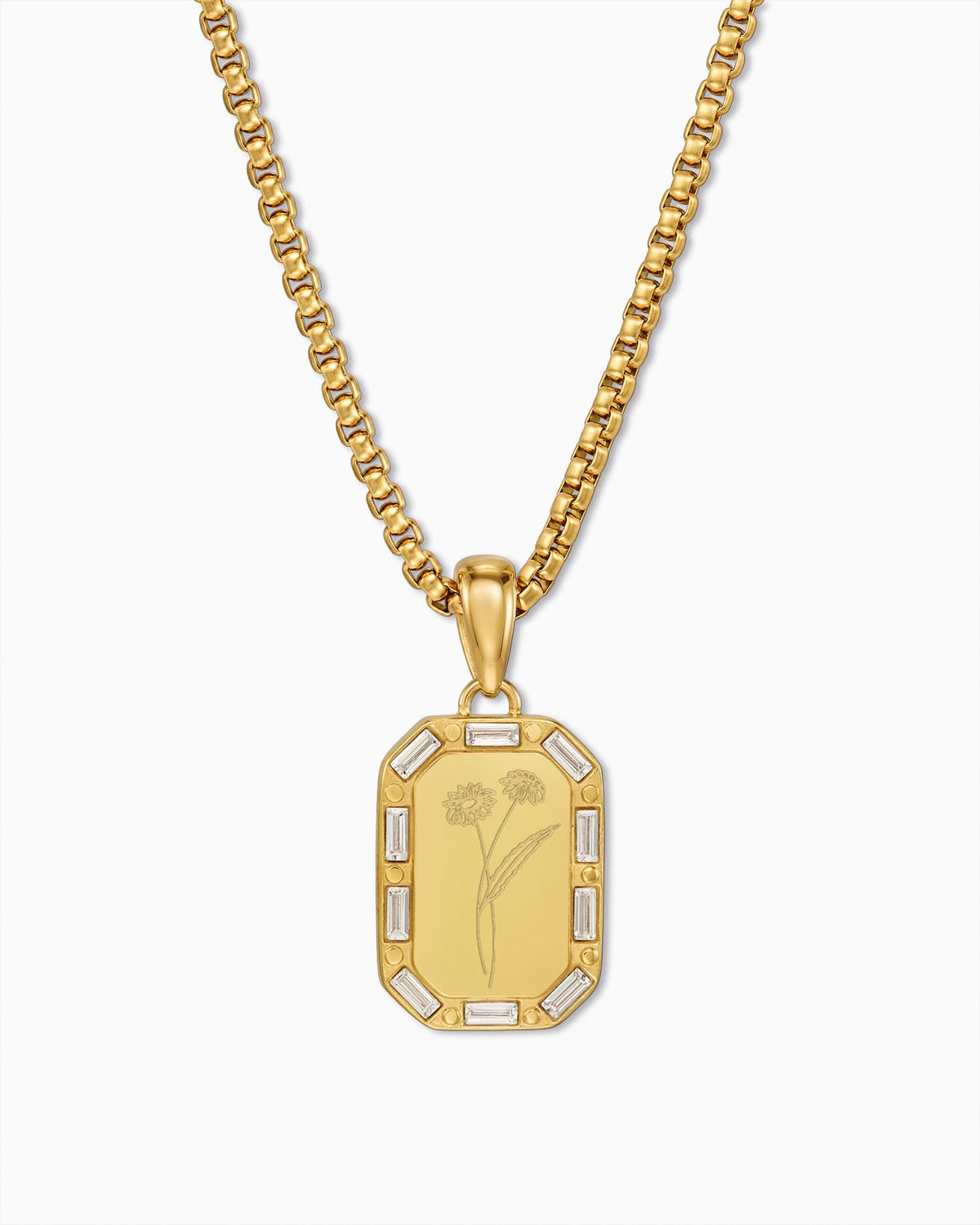 Birth Flower Engraved Plate Necklace Pendant, Octagon, Zirconia