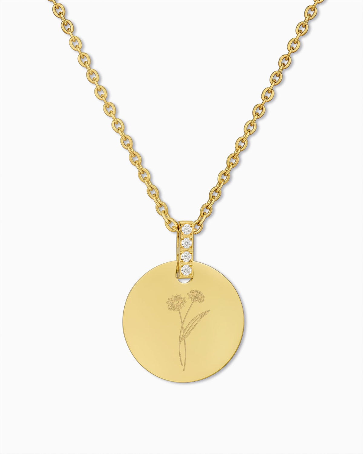 Birth Flower Engraved Pendant Necklace, Round Zirconia, 15 mm