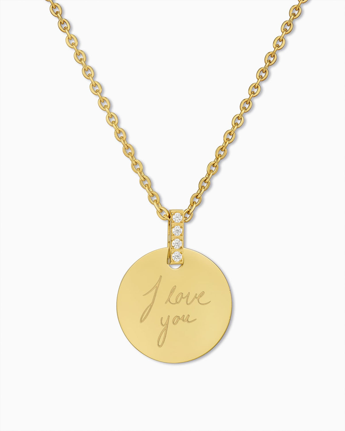 Handwritten Upload Engraved Plate Necklace, Round Zirconia, 15 mm