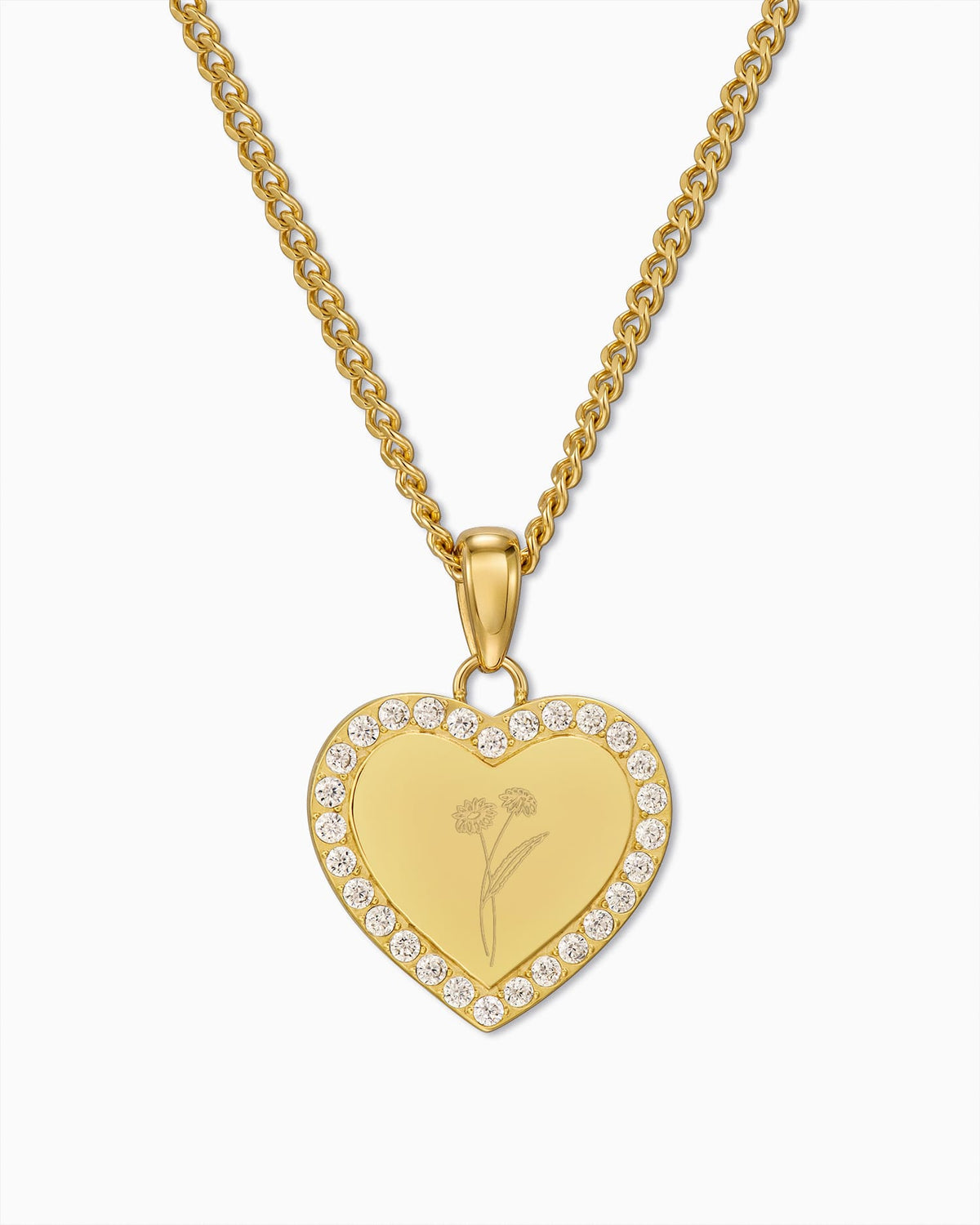 Birth Flower Heart Necklace Engraved Plate Pendant with Zirconia
