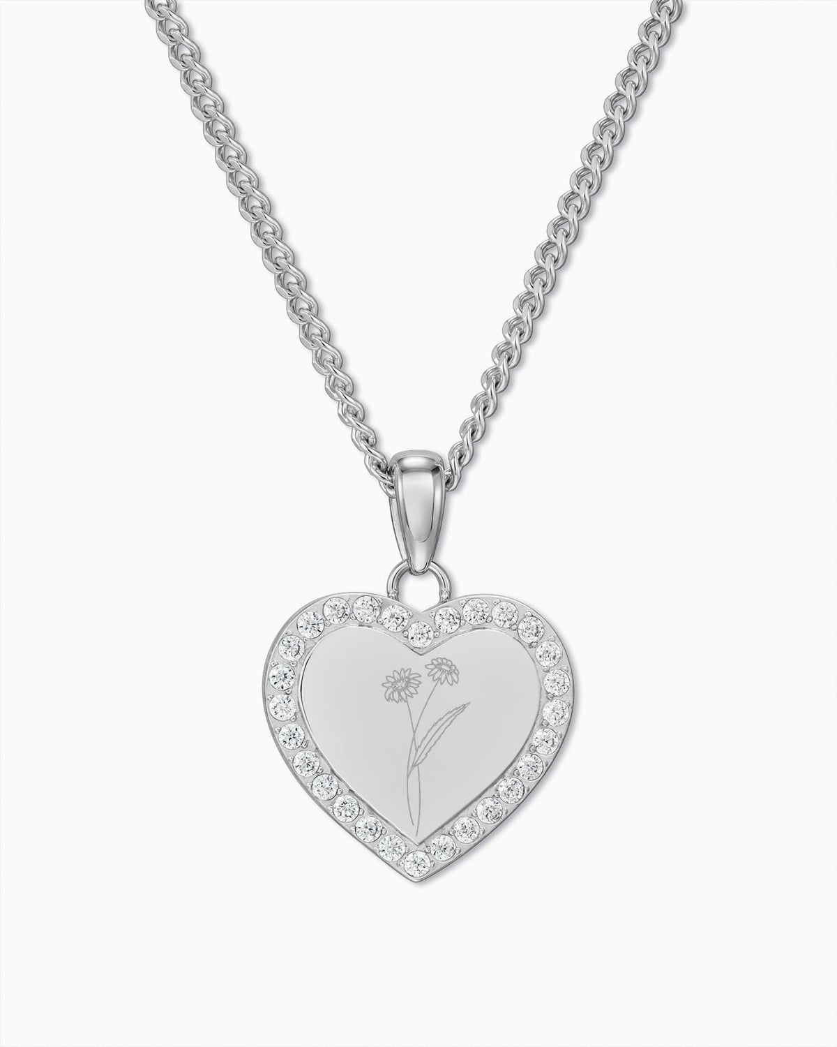 Birth Flower Heart Necklace Engraved Plate Pendant with Zirconia