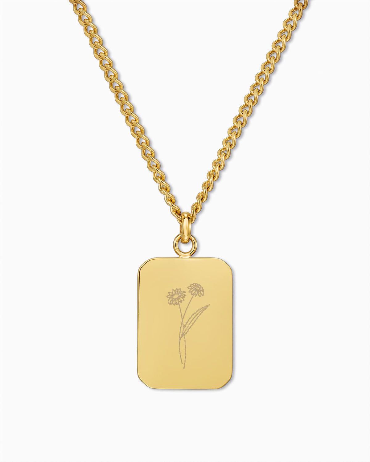 Birth Flower Engraved Plate Necklace Pendant, Rectangular