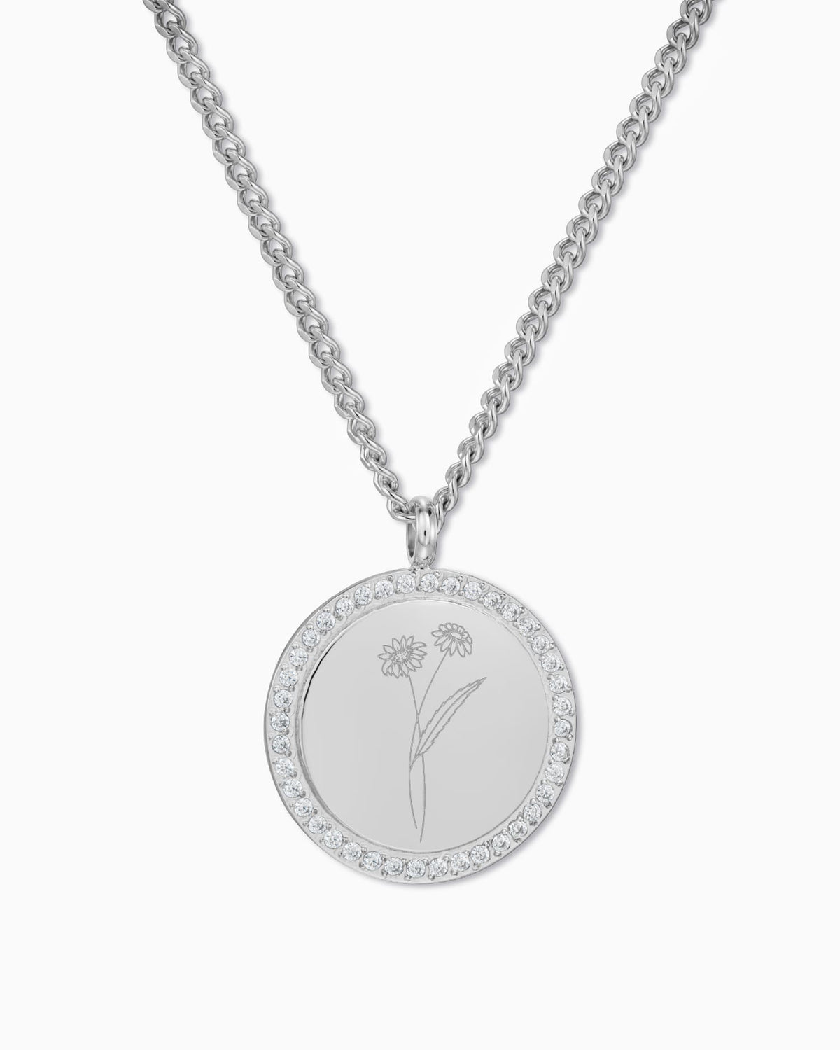 Birth Flower Engraved Plate Necklace Pendant with Zirconia, 17 mm