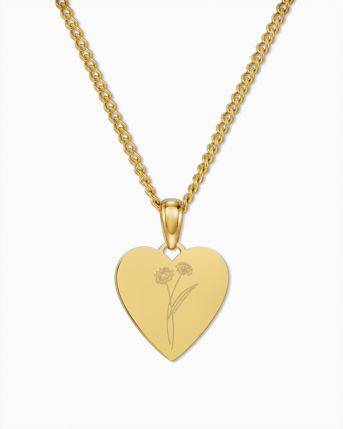 Birth Flower Heart Necklace Engraved Plate Pendant, 15 mm