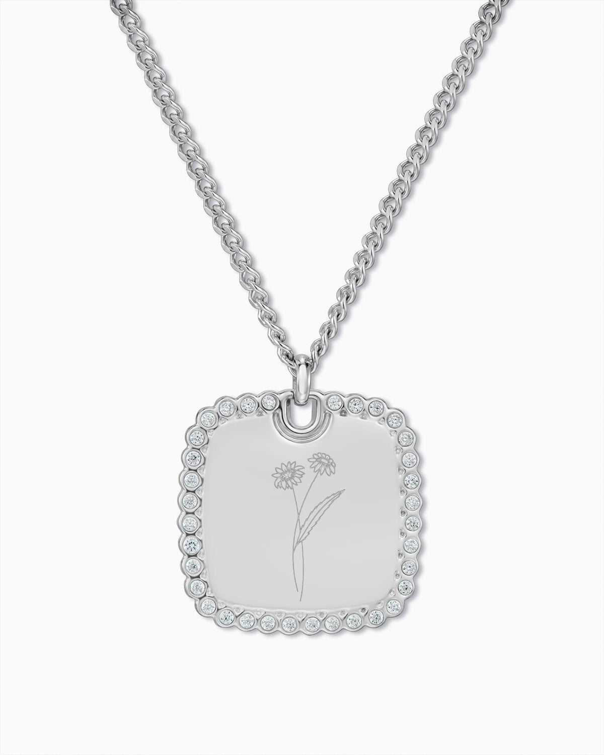 Birth Flower Engraved Pendant Necklace, Rectangular, Zirconia