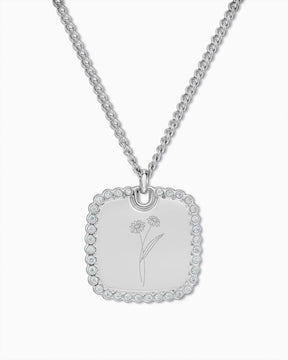Ketting met gravureplaatje ‘Geboortebloem’, rechthoekig, met zirkonia
