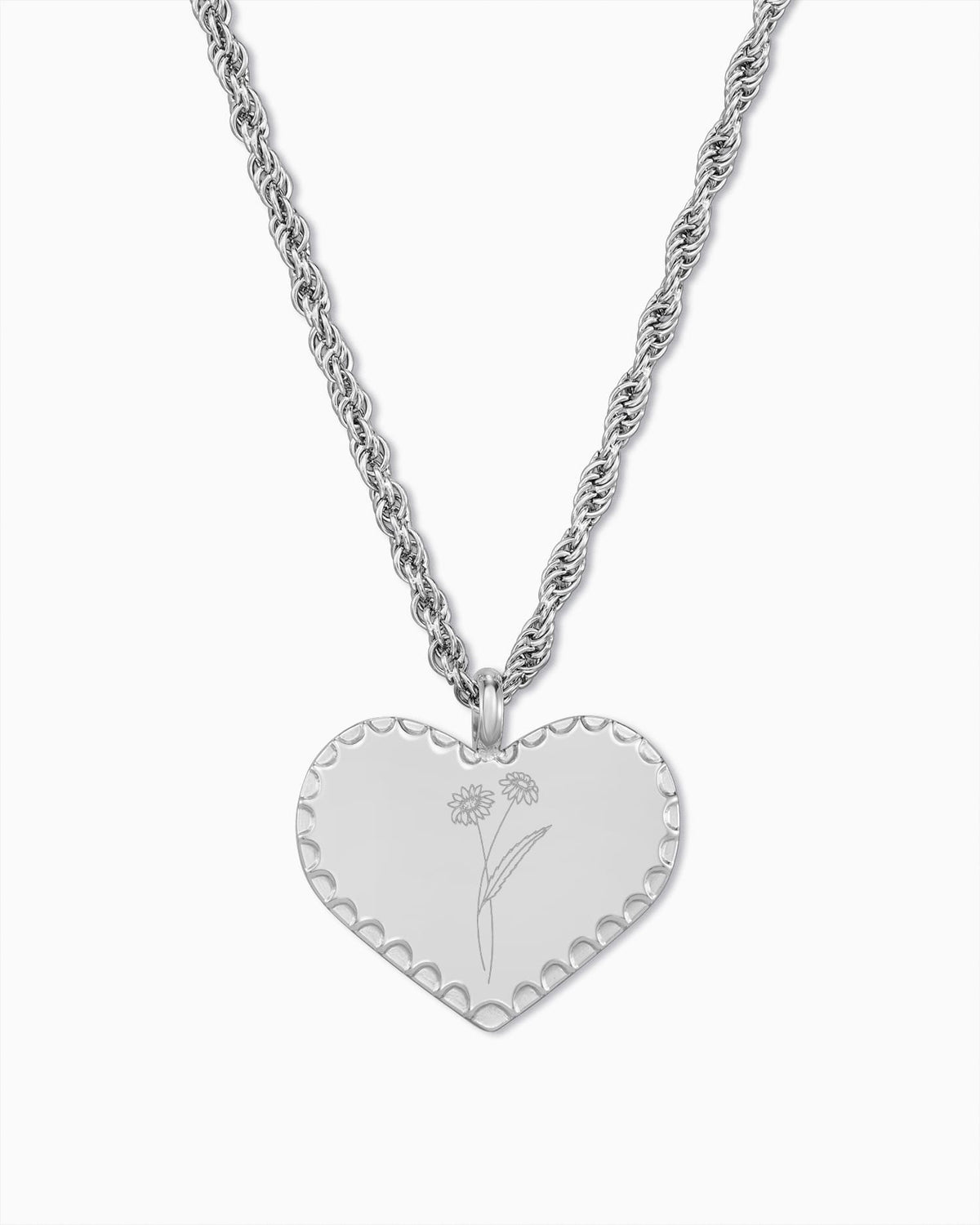 Birth Flower Heart Necklace Engraved Plate Pendant Wreath