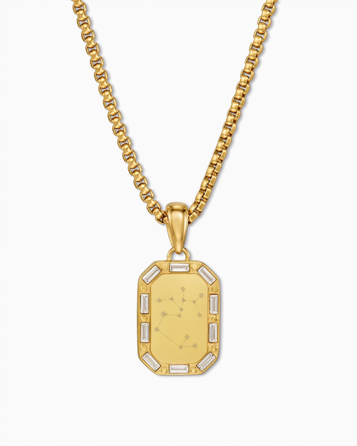 Zodiac Sign Engraved Plate Necklace Pendant, Octagon, Zirconia