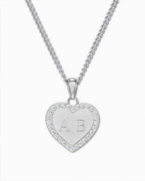 Initials Heart Necklace Engraved Plate Pendant with Zirconia