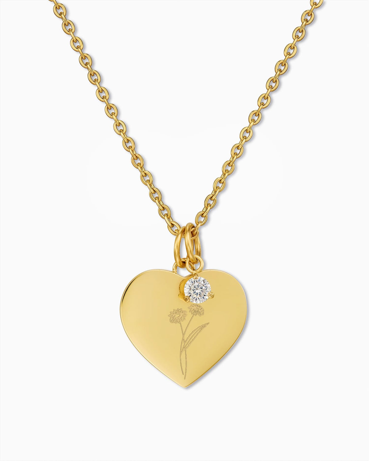 Birth Flower Heart Necklace Engraved Plate Pendant Zirconia Charm