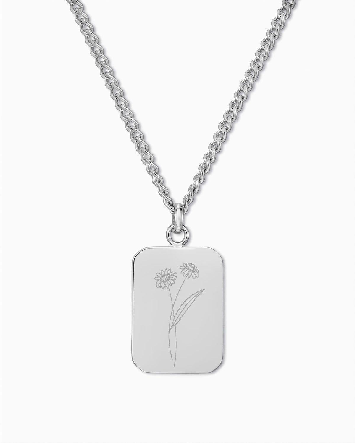Birth Flower Engraved Plate Necklace Pendant, Rectangular