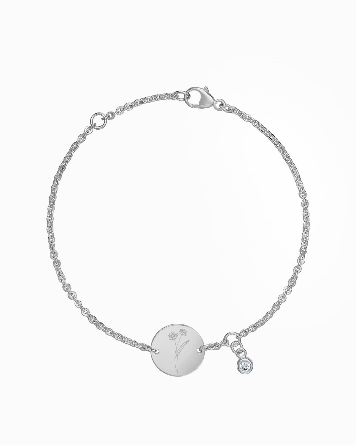 Geburtsblume Gravurarmband Gravurplatte Rund Zirkonia
