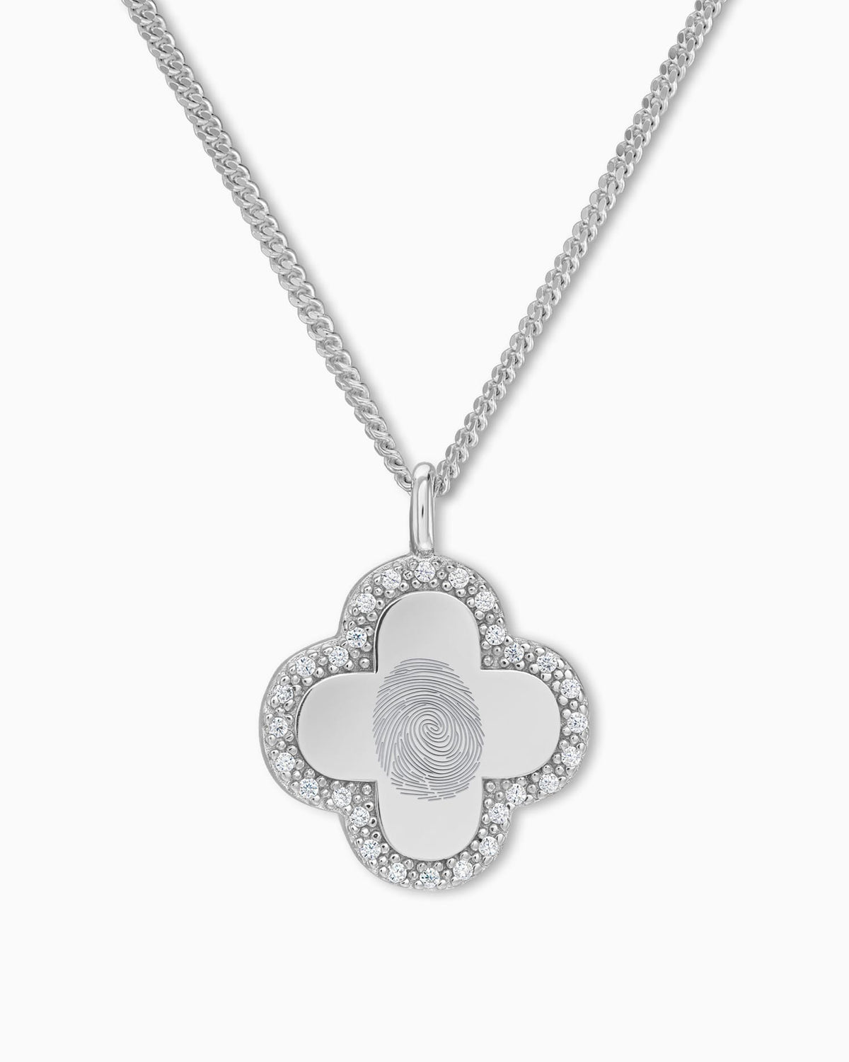 Vingerafdruk klaverblad ketting graveren plaat zirconia