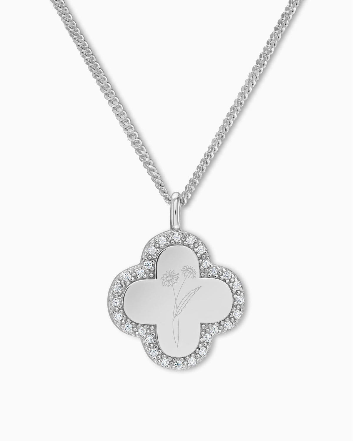 Geboorte bloem klaverblad ketting graveren plaat zirconia